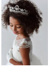 Cap Sleeves Beaded Ivory Lace Tulle Illusion Pearl Buttons Back Flower Girl Dress